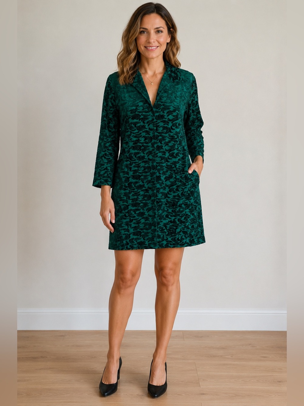 Hand Crafted Teal and Black Long Sleeve Collared Dress